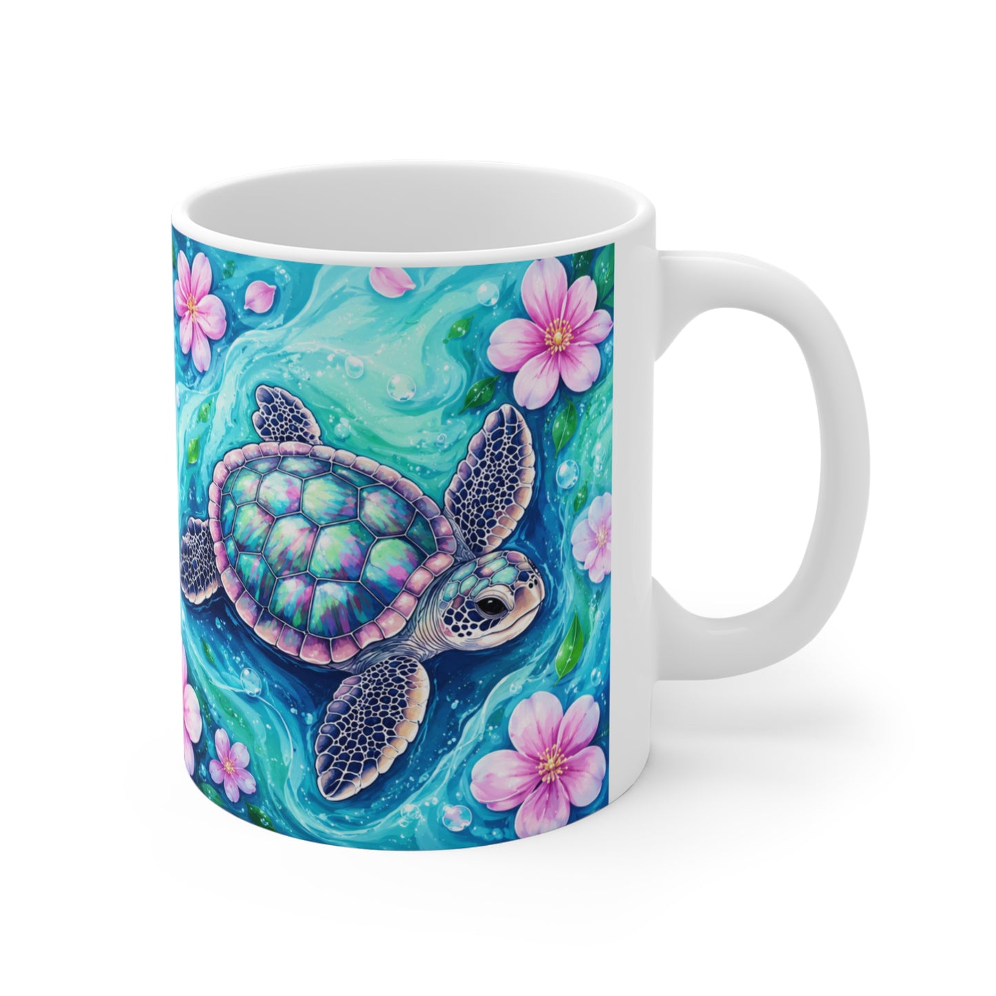 Tasse Tortue Marine – Mug Océan Tropical et Fleurs Roses – Cadeau Femme Homme 325ml