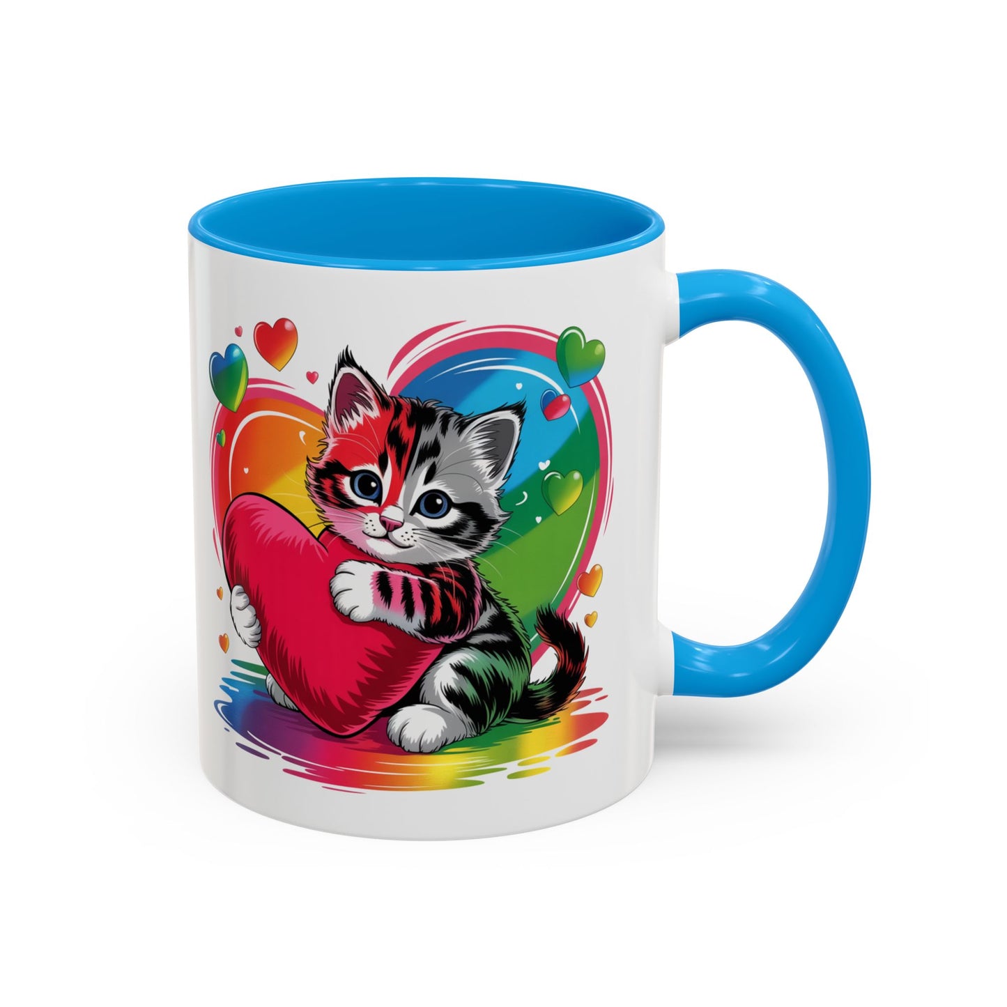 Mug Chat Kawaii avec Cœur Coloré Arc-en-Ciel – Tasse Mignonne Cadeau Original Amoureux des Chats – Céramique 325ml
