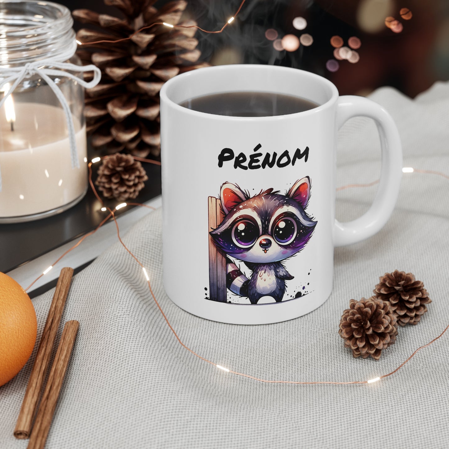 Tasse Personnalisable Raton Laveur Kawaii – Mug Prénom Animal Forêt – Cadeau Original 325ml