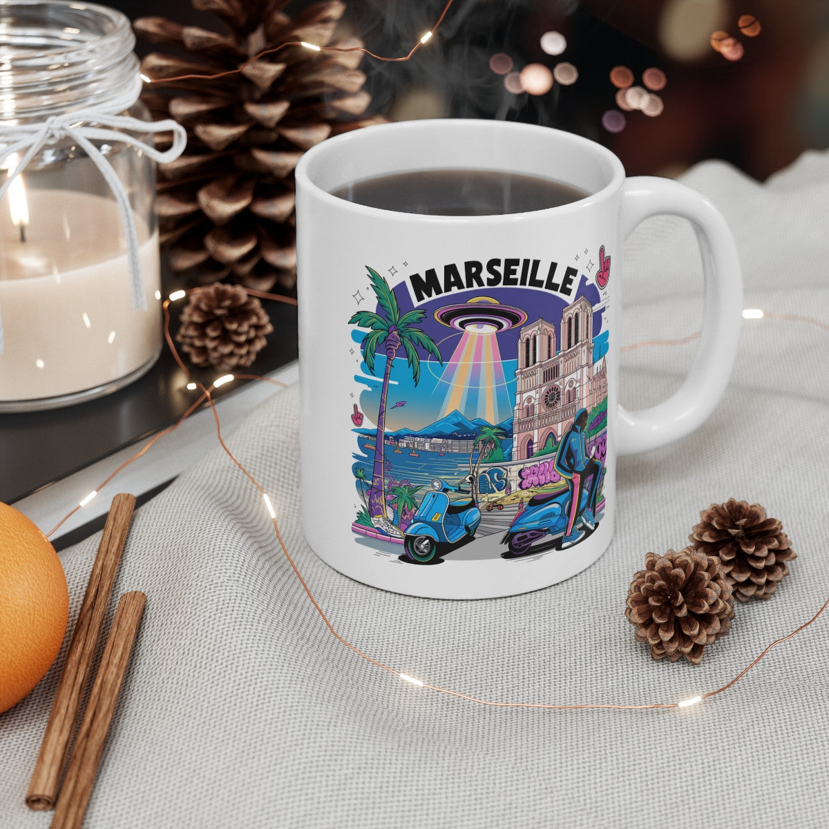 Mug Marseille rétro-futuriste OVNI graffiti scooter –Idée Cadeau urbain