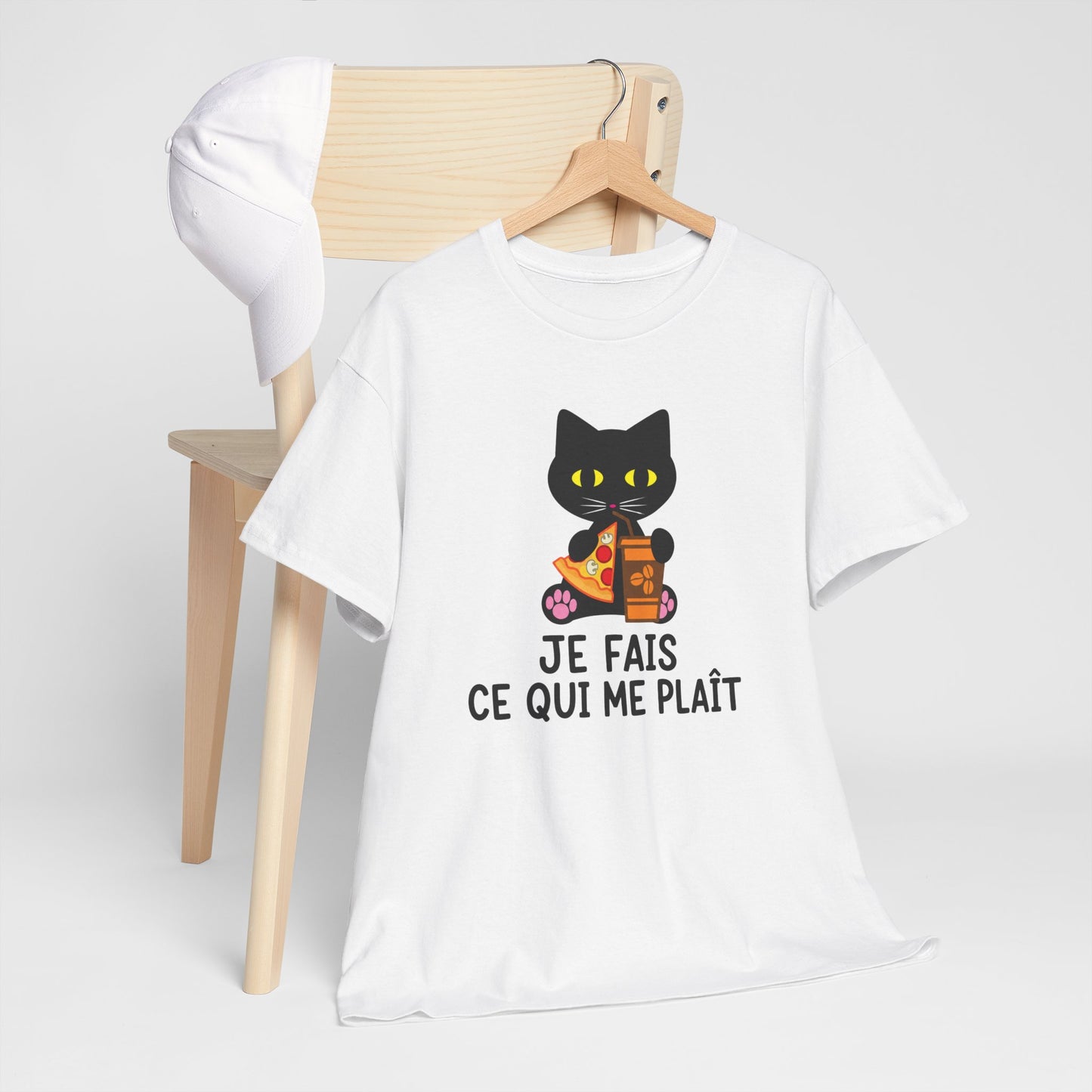 Tee Shirt Chat Homme Femme – Chat Pizza et Café Humour – Idée Cadeau Drôle Amoureux des Chats Gourmand