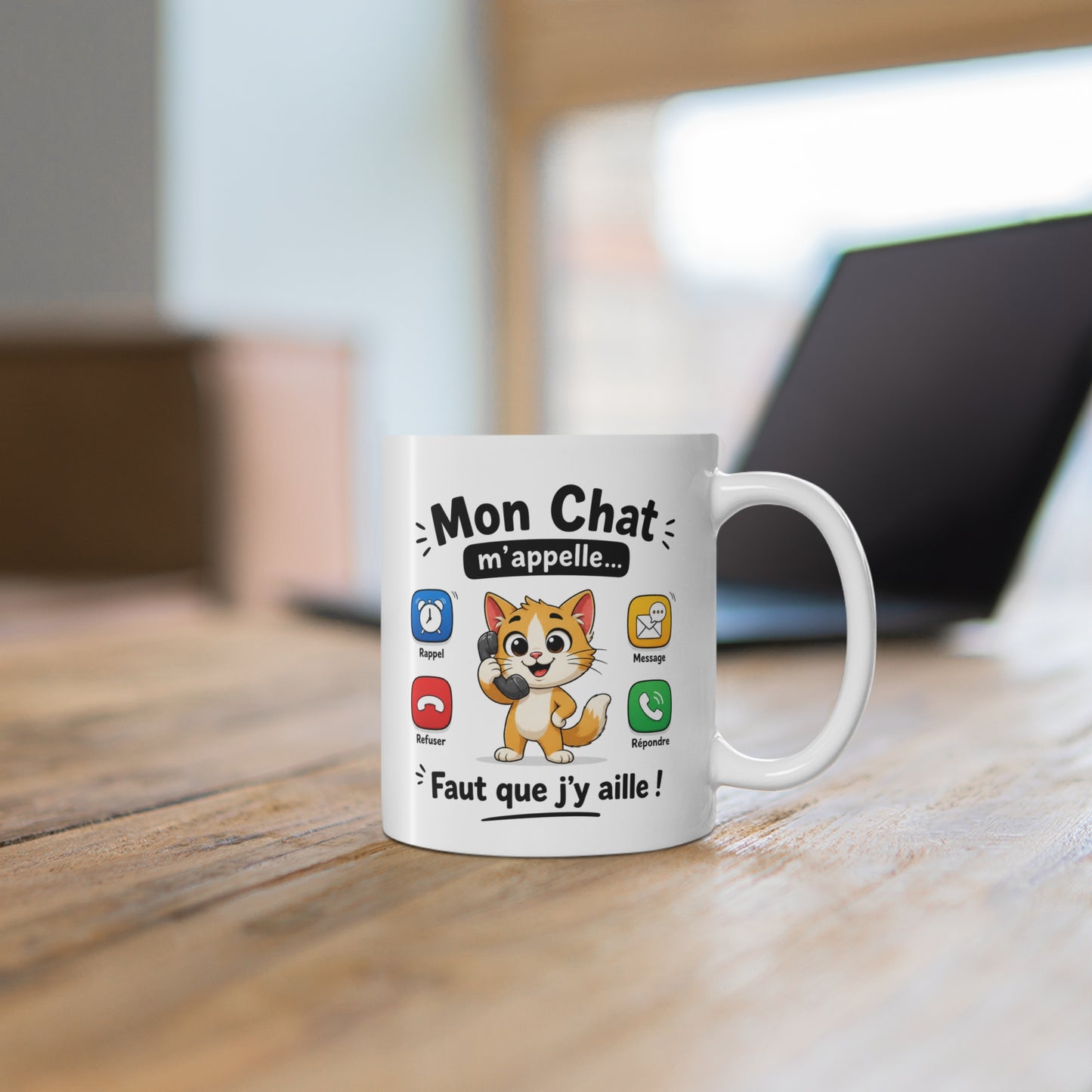 Tasse Mon Chat M’Appelle Faut Que J’y Aille – Mug Humour Chat Téléphone – Cadeau Homme Femme 325ml