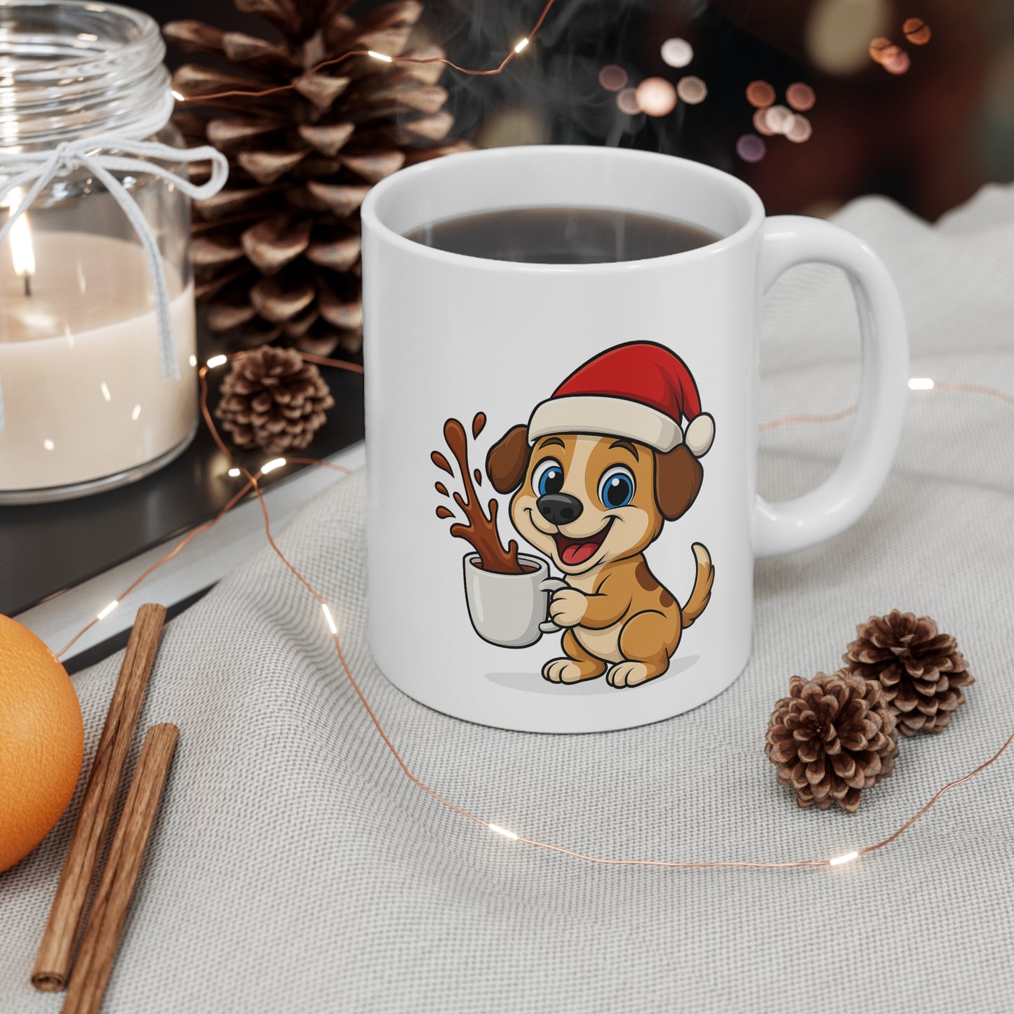 Mug Chiot Noël 325ml – Tasse Céramique Mignonne avec Bonnet Rouge – Cadeau Fêtes Original