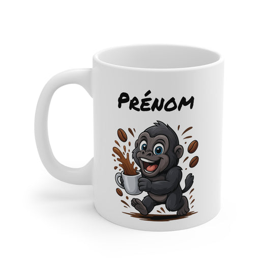 Tasse Personnalisable Gorille Café – Mug Prénom Animal Cartoon Céramique 325ml – Cadeau Original