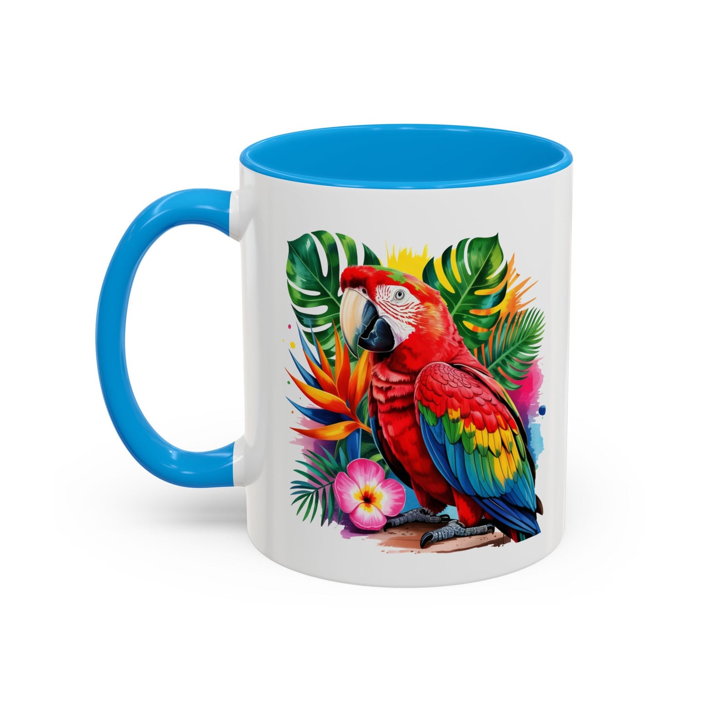 Mug Perroquet Ara Rouge – Tasse Tropicale avec Feuilles Exotiques et Fleurs – Cadeau Nature 325ml