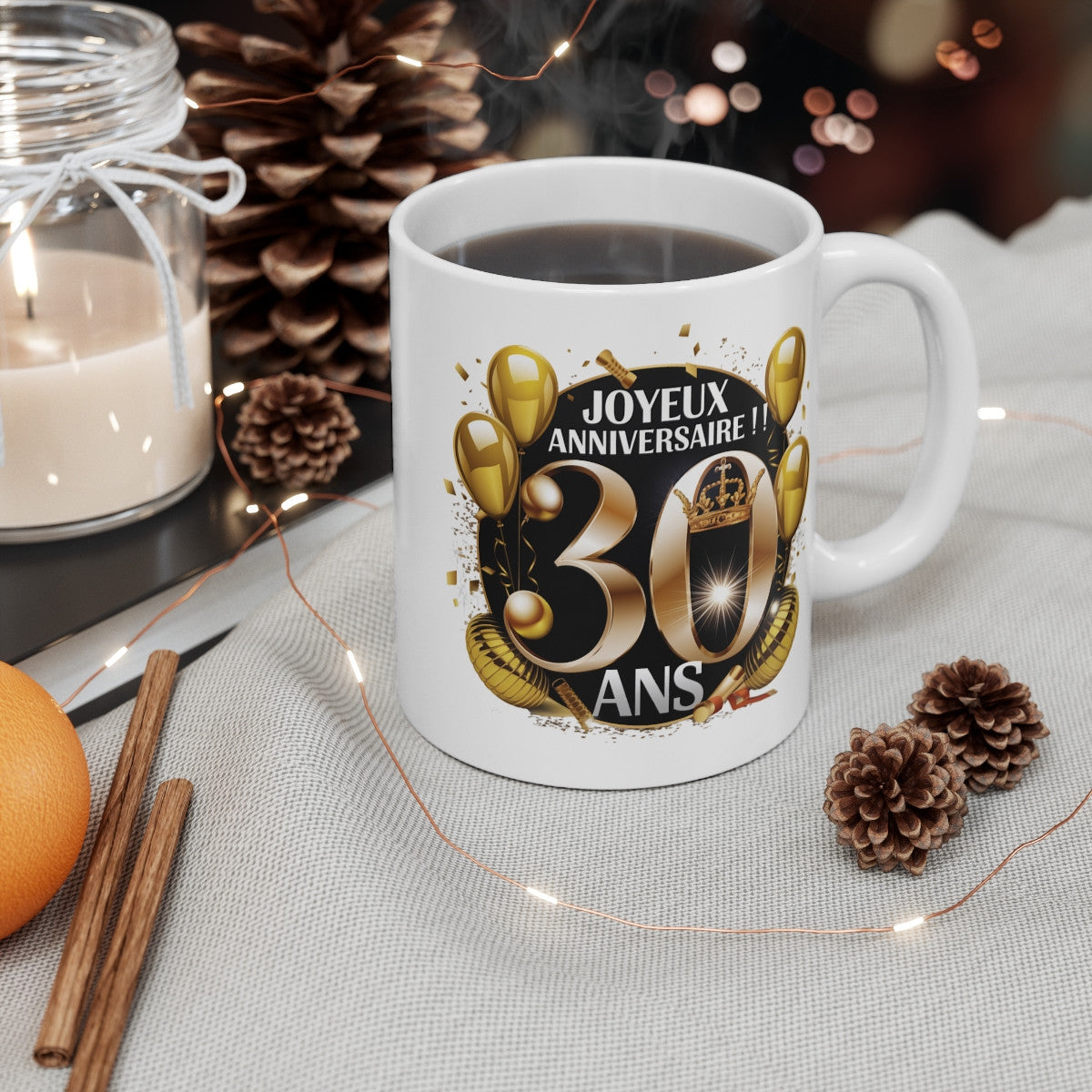 Mug Tasse Joyeux Anniversaire 30 Ans Couronne Dorée & Ballons Idée Cadeau Royal et Festif