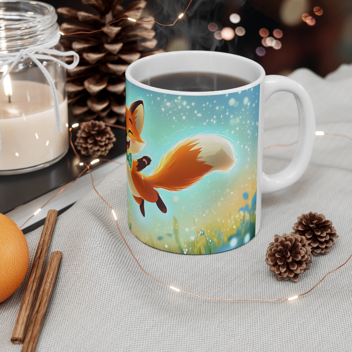Mug Tasse Renard Joyeux Champ Fleuris Illustration Cartoon Lumineuse pour enfant et adulte