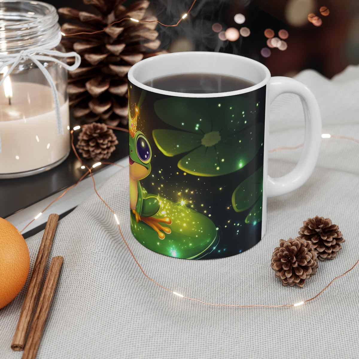 Mug Tasse Grenouille Royale sur Nénuphar Illustration Cartoon Lumineuse pour enfant et adulte