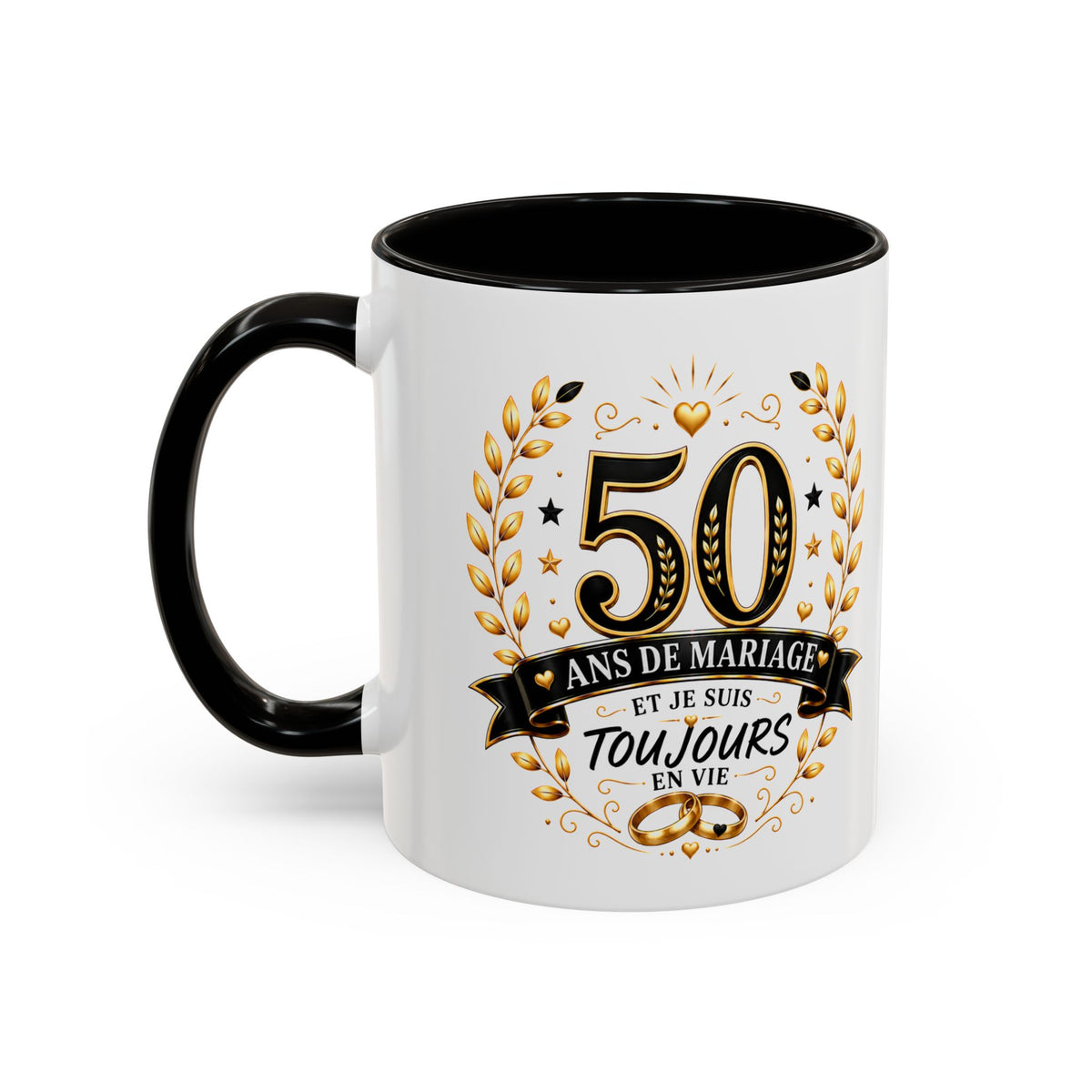 Mug 50 Ans de Mariage et Je Suis Toujours en Vie – Tasse Humoristique Anniversaire de Mariage – Idée Cadeau Couple Noces d’Or noir bleu rouge