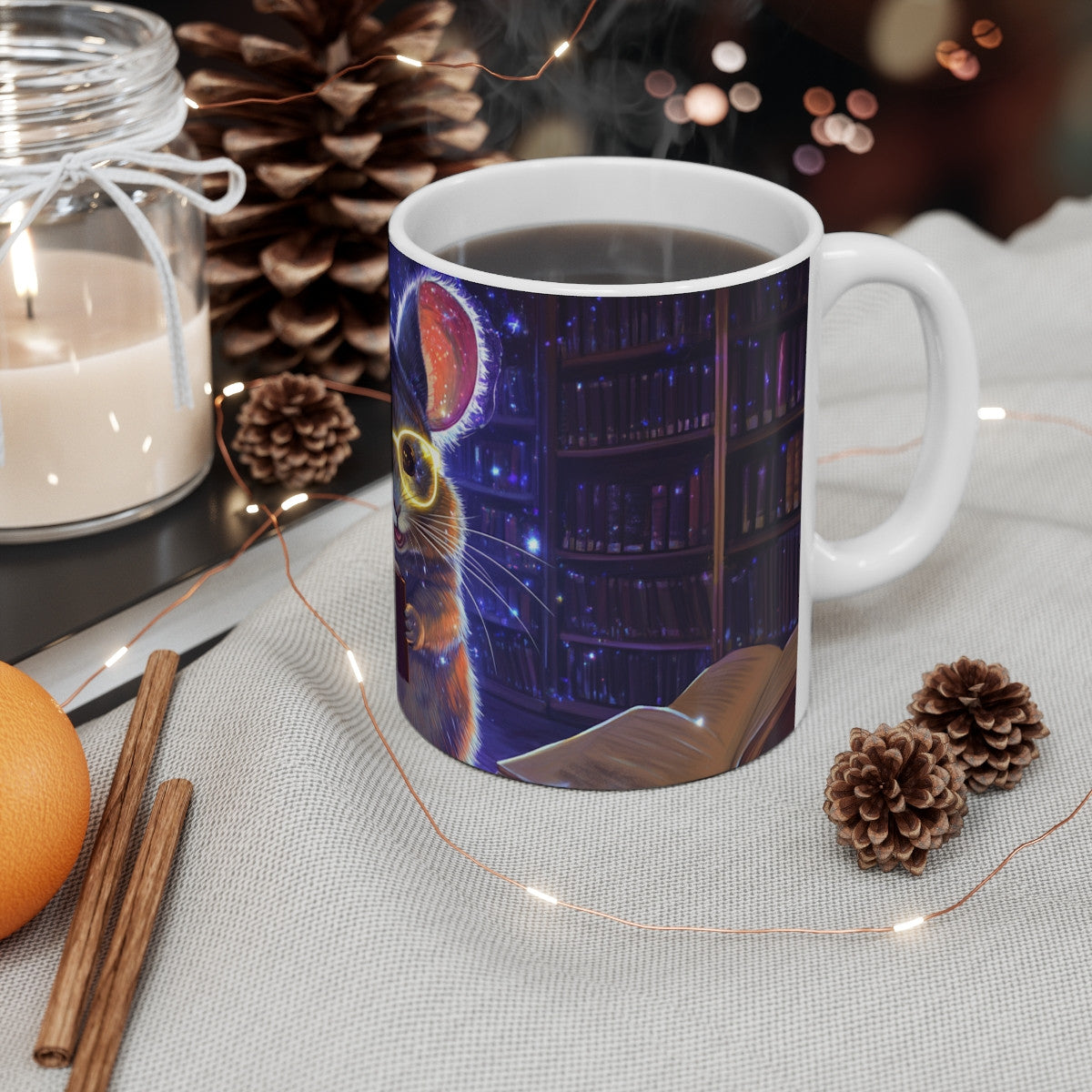 Mug Tasse Souris Magique Bibliophile avec Lunettes Lumineuses Illustration Cartoon Féérique pour enfant et adulte