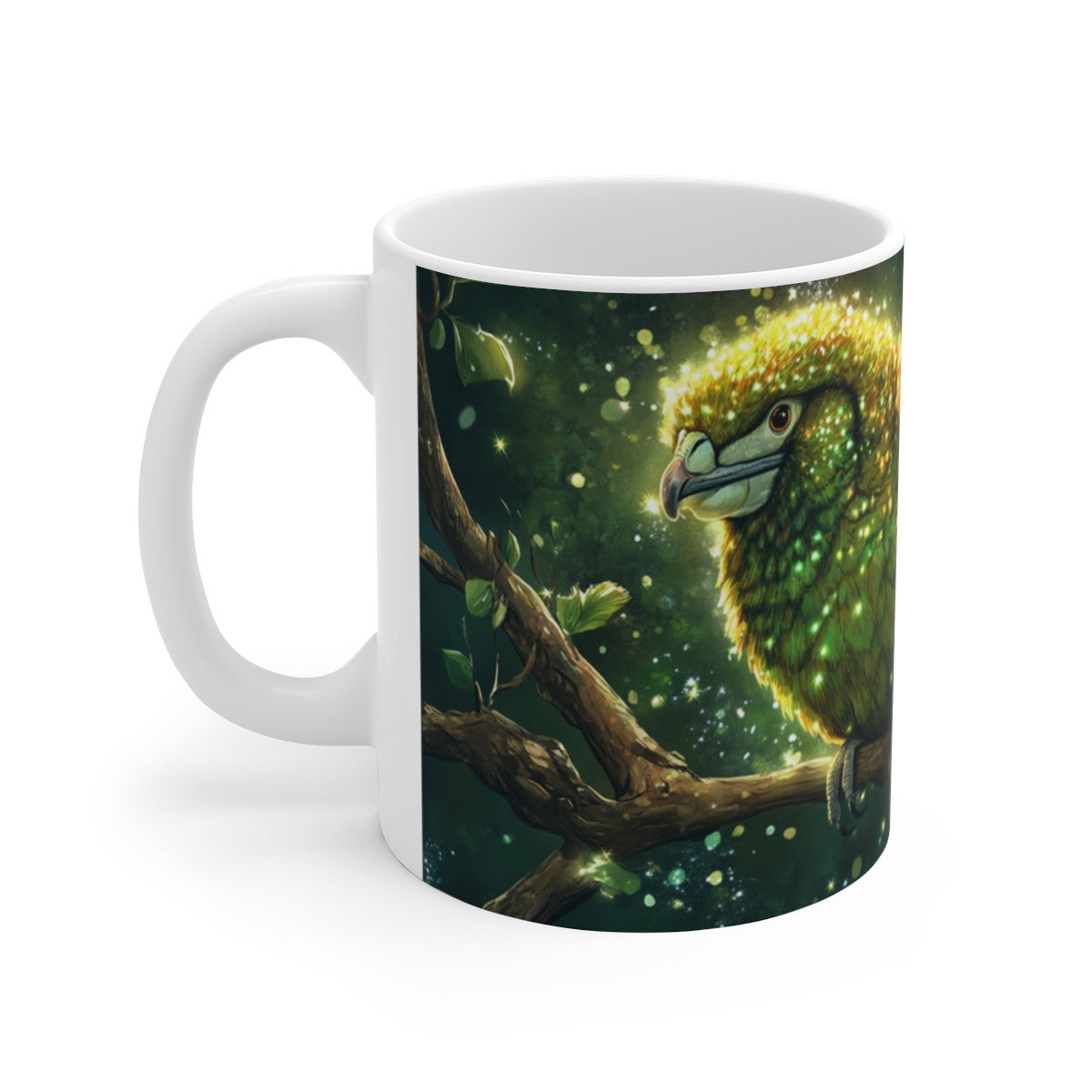 Mug Tasse Perroquet Vert Scintillant Nocturne  Illustration Magique Jungle Tropicale Brillante – Cadeau Enfant & Adulte