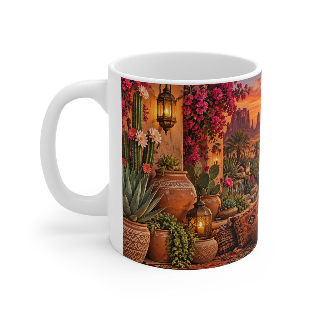 Mug Paysage Désertique Oriental au Coucher de Soleil – Tasse Oasis, Cactus, Lanternes et Décor Bohème – Cadeau Original Voyage et Déco