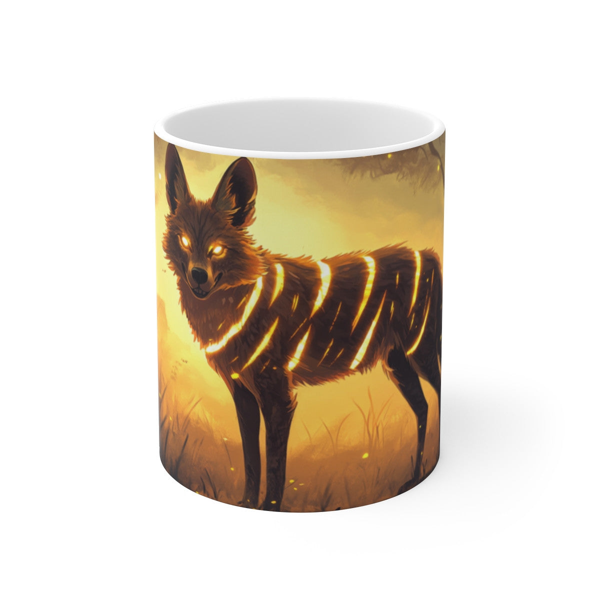 Mug Loup Enchanté – Tasse Loup Mystique à Rayures Lumineuses dans Forêt Crépusculaire