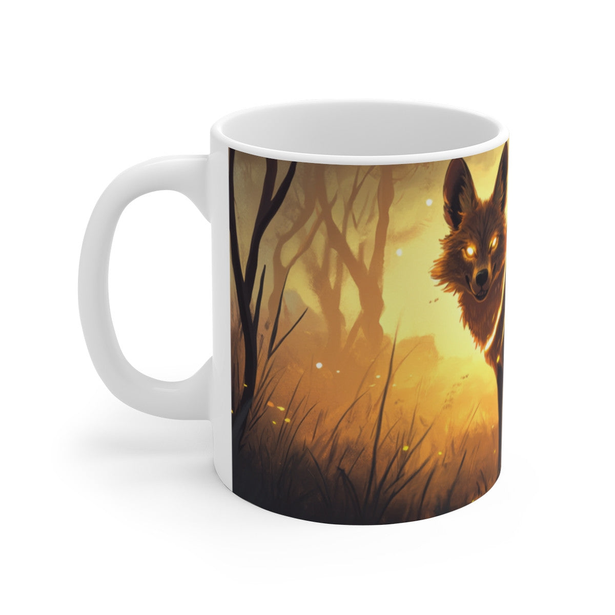 Mug Loup Enchanté – Tasse Loup Mystique à Rayures Lumineuses dans Forêt Crépusculaire
