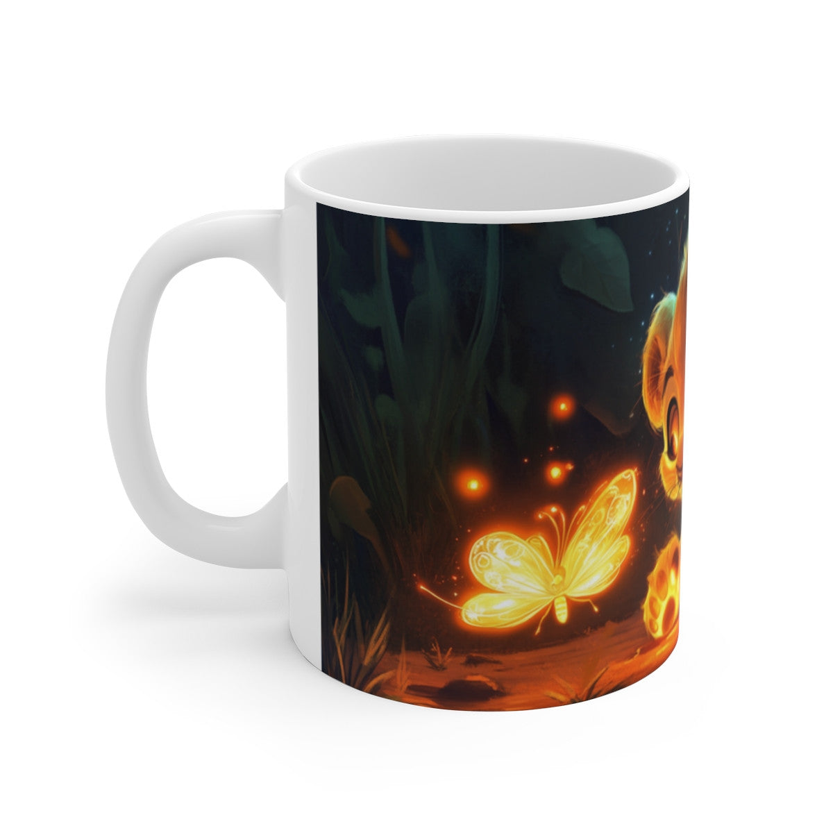 Mug Lionceau Lumineux – Tasse Petit Lion et Papillon Magique Forêt Nocturne Étincelante