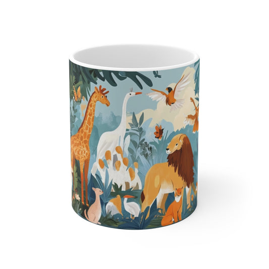 Mug Tasse Safari Illustré – Scène de Jungle avec Animaux Sauvages Stylisés