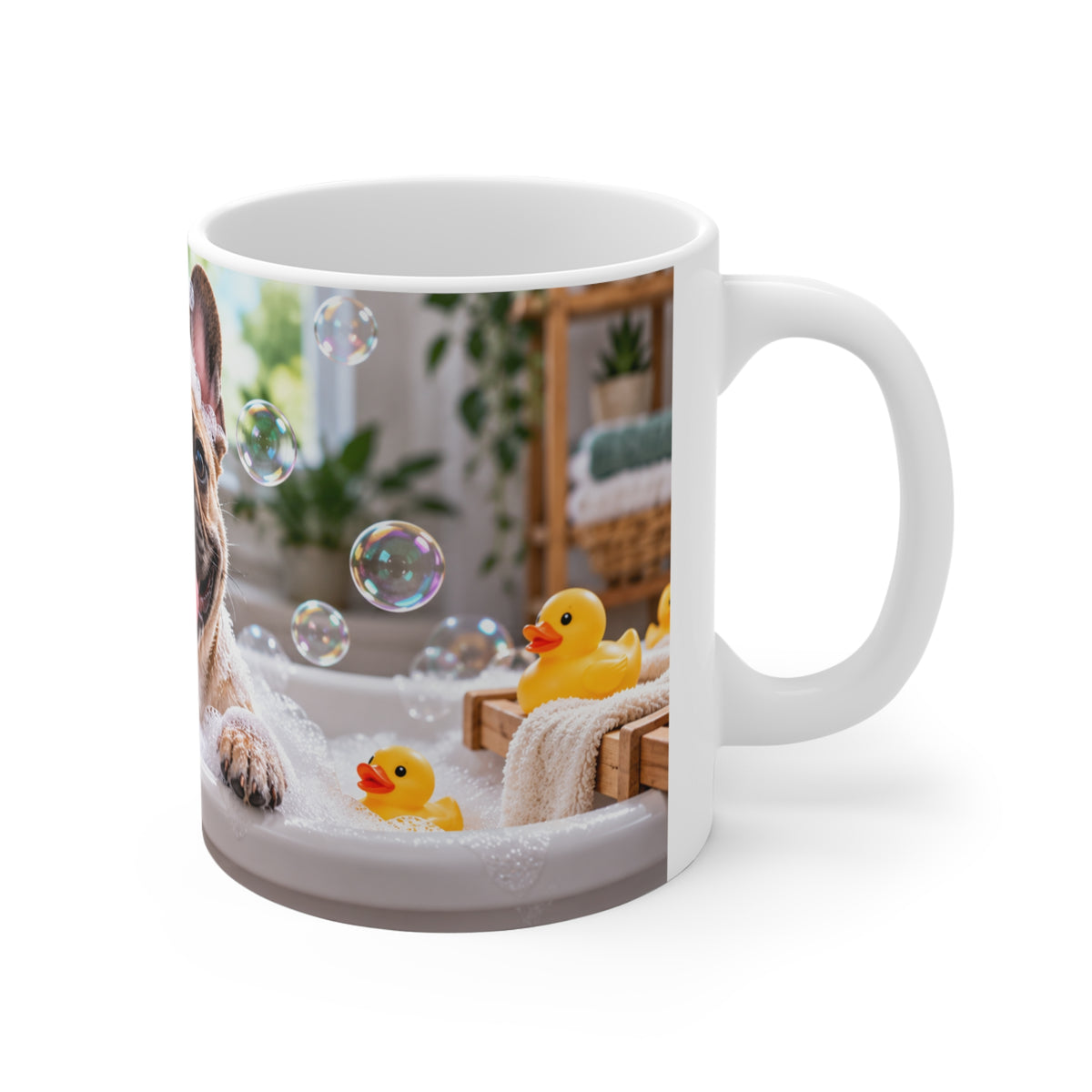 Mug Bouledogue Français dans le Bain – Tasse Chien avec Mousse et Canards – Cadeau Original Amoureux des Chiens