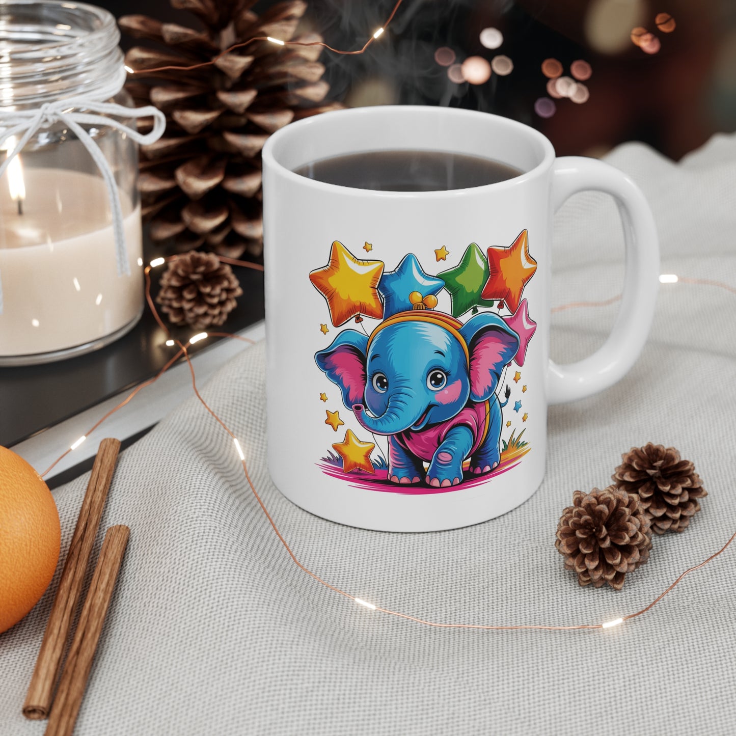 Mug Éléphant Kawaii avec Étoiles – Tasse Bébé Éléphant Coloré et Mignon – Design Cute Arc-en-Ciel et Féérique – Cadeau Original pour Enfants et Amoureux des Animaux – Céramique 325ml...