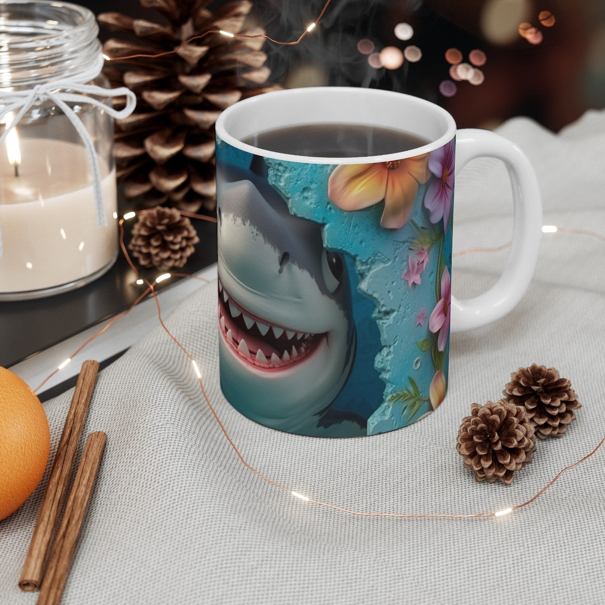 Mug Tasse Requin Cartoon Mignon – Animal Océan Bleu Fleurs Tropicales Enfant Adulte