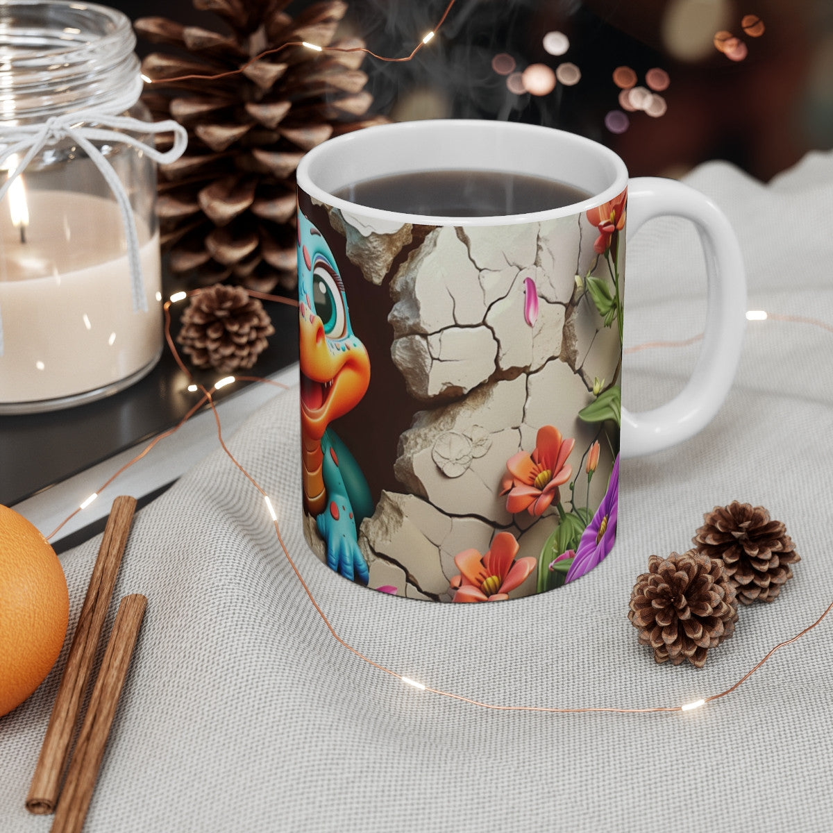 Mug Tasse Dinosaure Cartoon Mignon – Bébé Dino Bleu Orange Enfant Adulte Fleurs Colorées