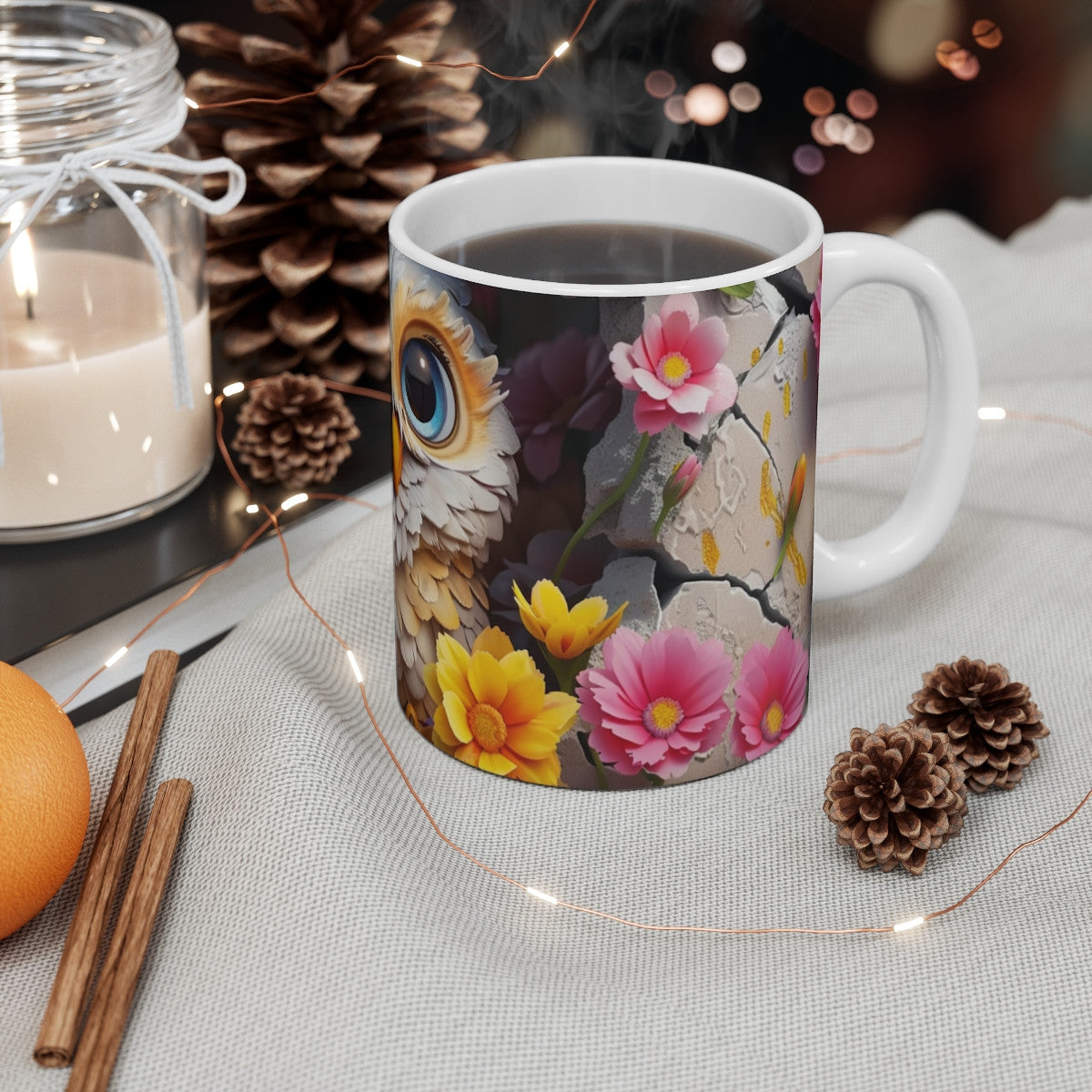 Mug Tasse Chouette Mignonne – Bébé Hibou Blanc aux Yeux Bleus Mur Craquelé Fleurs Colorées