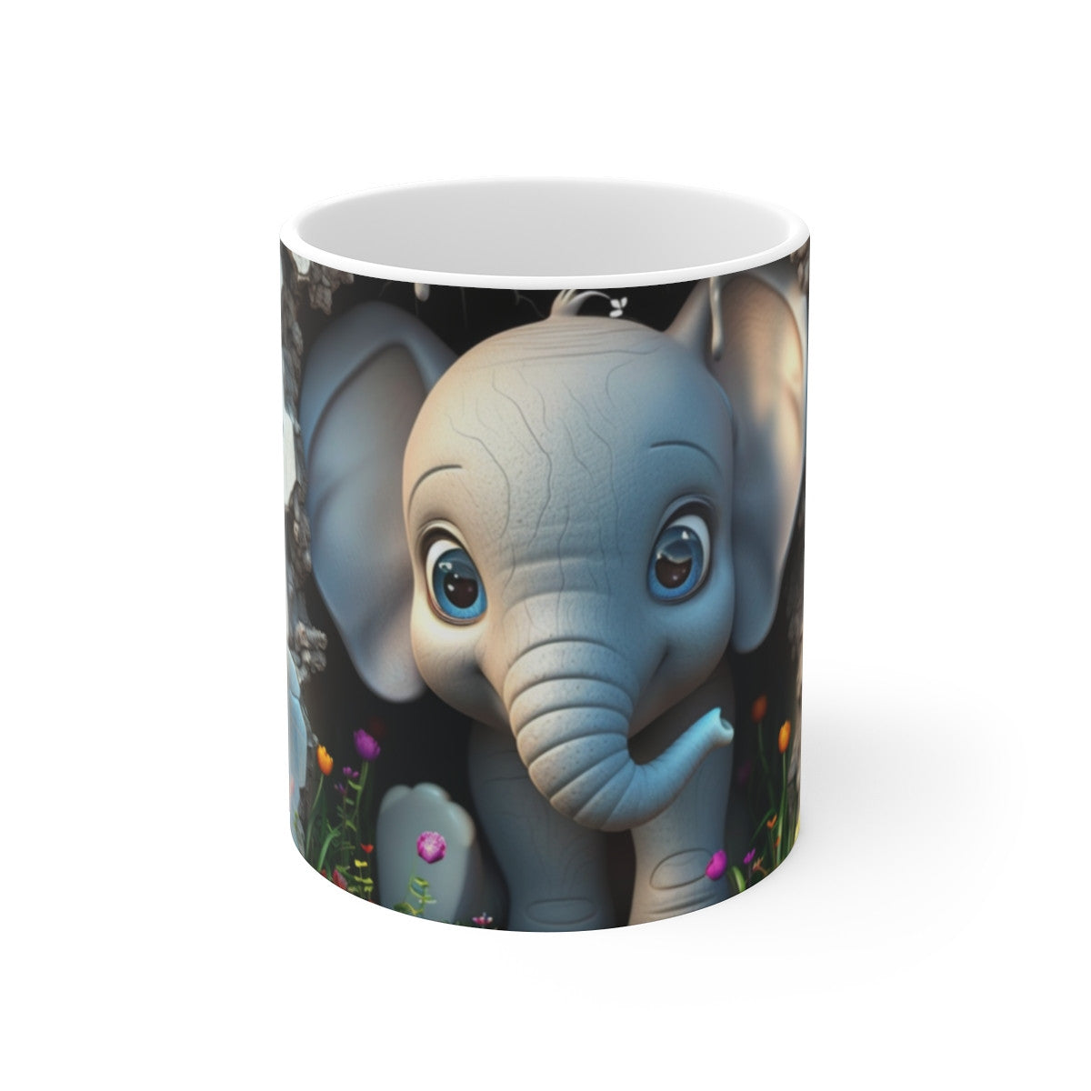 Tasse Mug Éléphant Bébé Mignon – Illustration Éléphant Cartoon Curieux avec Fleurs Tropicales et Mur Vintage