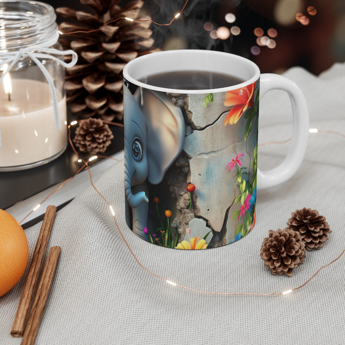 Tasse Mug Éléphant Bébé Mignon – Illustration Éléphant Cartoon Curieux avec Fleurs Tropicales et Mur Vintage