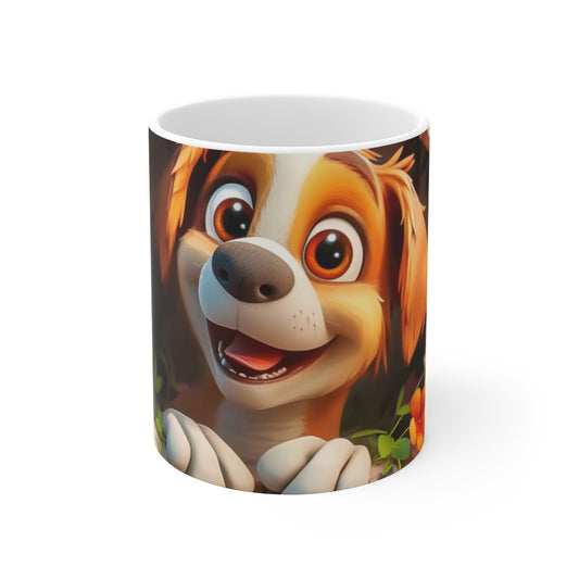 Tasse Mug Chien Cartoon – Chiot Mignon au Regard Expressif avec Mur Vintage et Fleurs Colorées
