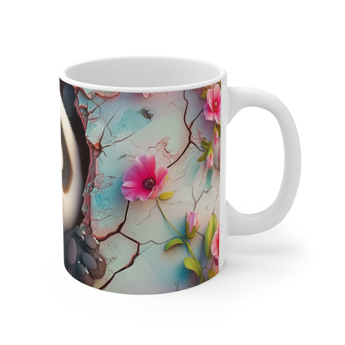 Tasse Panda Adorable – Mug Panda Cartoon Regard Espiègle avec Fleurs Roses et Fond Vintage Craquelé