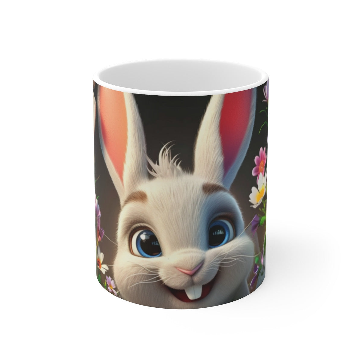 Tasse Lapin Adorable – Mug Cartoon Lapin Blanc Curieux avec Fleurs Printanières et Mur Vintage Fissuré