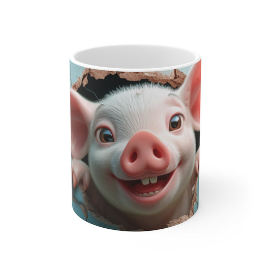 Tasse Cochon Rigolo – Mug Cochonnet Rose Cartoon avec Mur Bleu Fissuré, Tasse Mignonne pour Amoureux des Animaux