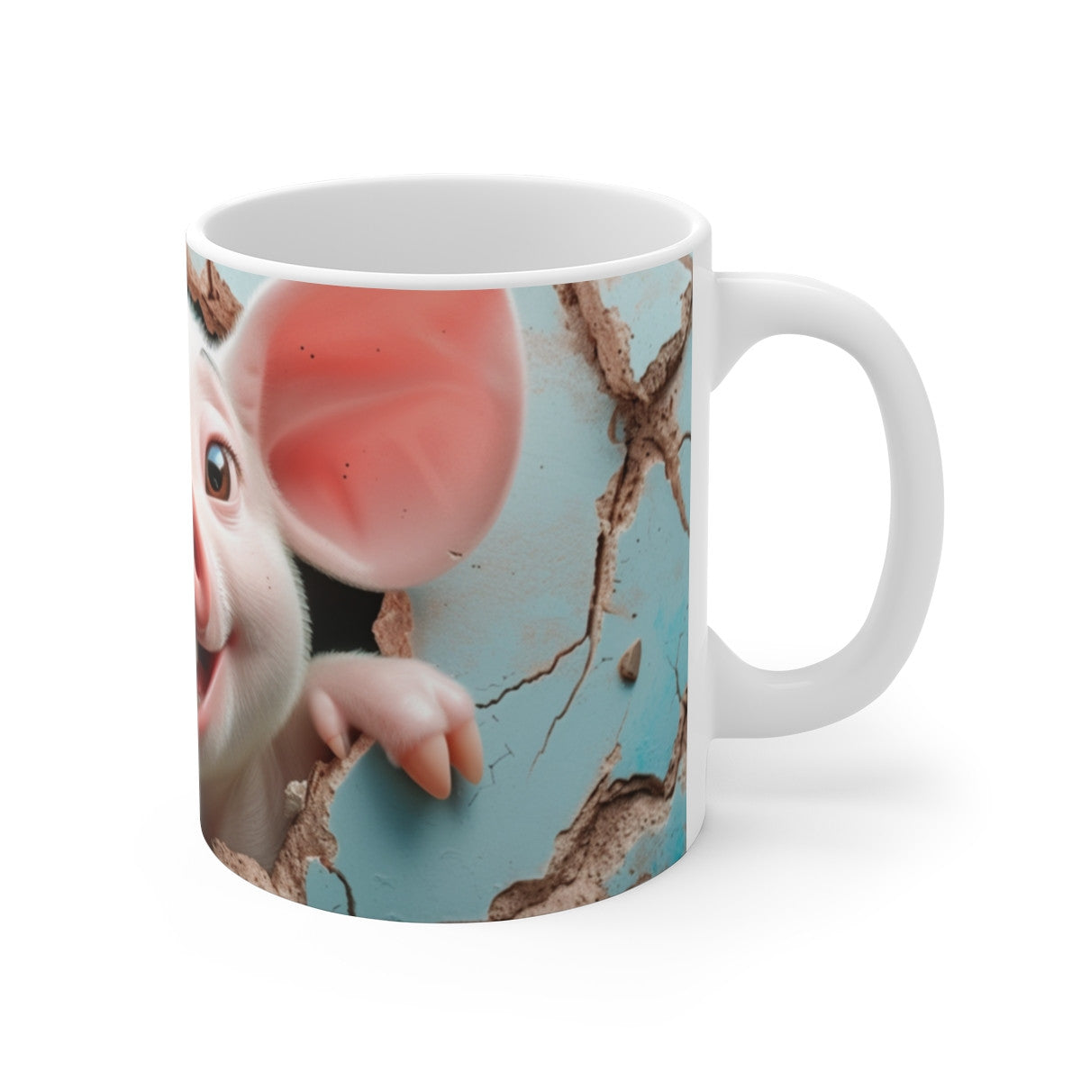 Tasse Cochon Rigolo – Mug Cochonnet Rose Cartoon avec Mur Bleu Fissuré, Tasse Mignonne pour Amoureux des Animaux