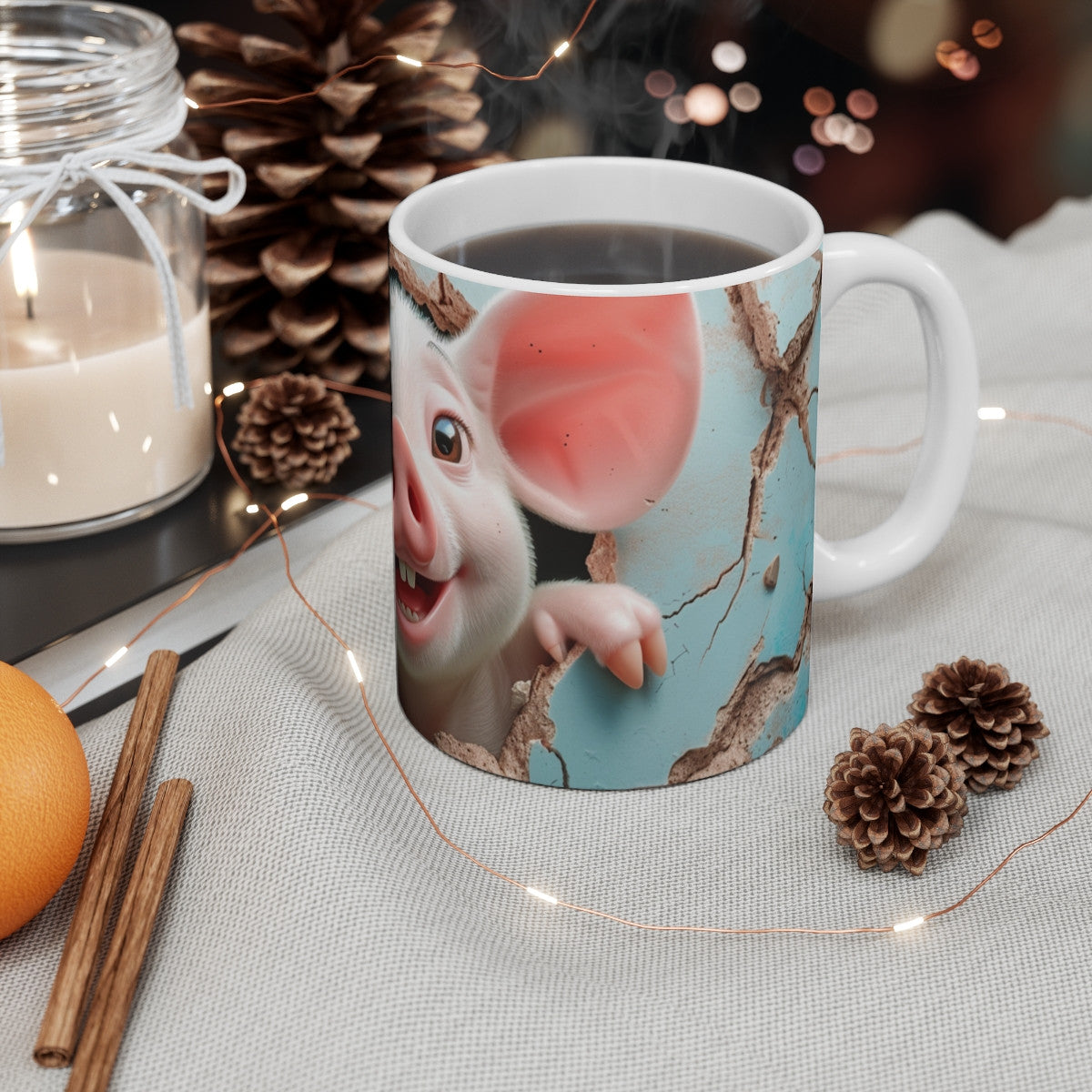 Tasse Cochon Rigolo – Mug Cochonnet Rose Cartoon avec Mur Bleu Fissuré, Tasse Mignonne pour Amoureux des Animaux