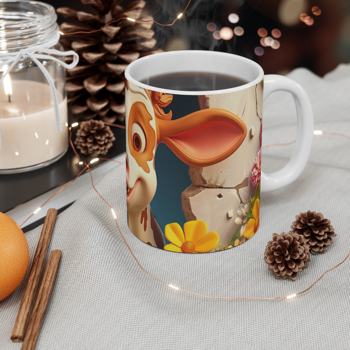 Tasse Vache Drôle – Mug Vachette Cartoon Mignonne avec Mur Fissuré Vintage et Fleurs Jaunes, Tasse Ferme Amusante
