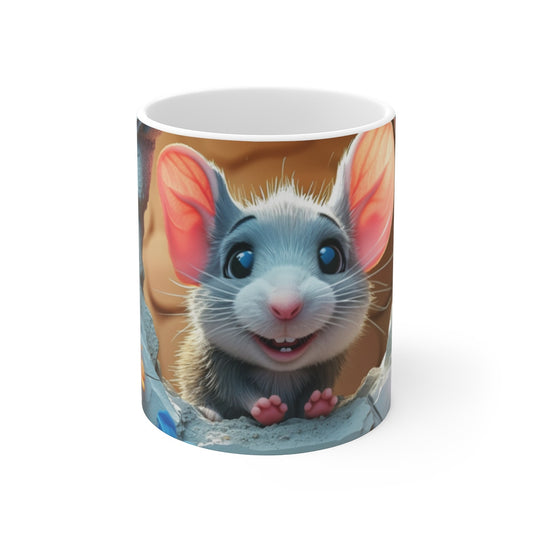 Tasse Souris Adorable – Mug Cartoon Souris Grise avec Fleurs Colorées et Mur Fissuré, Tasse Rigolote pour Amoureux des Rongeurs