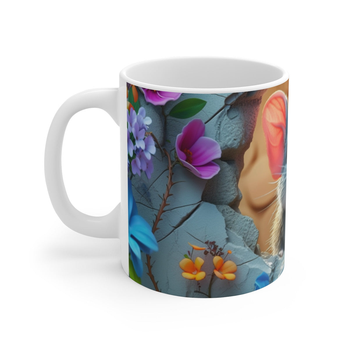 Tasse Souris Adorable – Mug Cartoon Souris Grise avec Fleurs Colorées et Mur Fissuré, Tasse Rigolote pour Amoureux des Rongeurs
