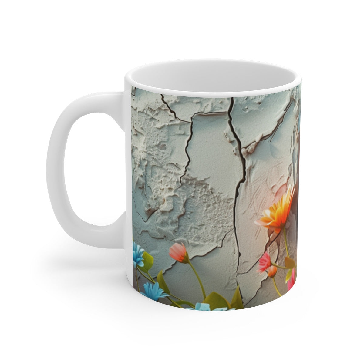 Tasse Souris Adorable – Mug Souris Cartoon Bleu-Gris avec Mur Fissuré et Fleurs, Tasse Mignonne Cadeau Animaux Rigolos