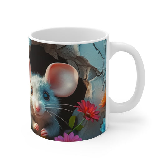 Tasse Souris Adorable – Mug Souris Cartoon Bleu-Gris avec Mur Fissuré et Fleurs, Tasse Mignonne Cadeau Animaux Rigolos