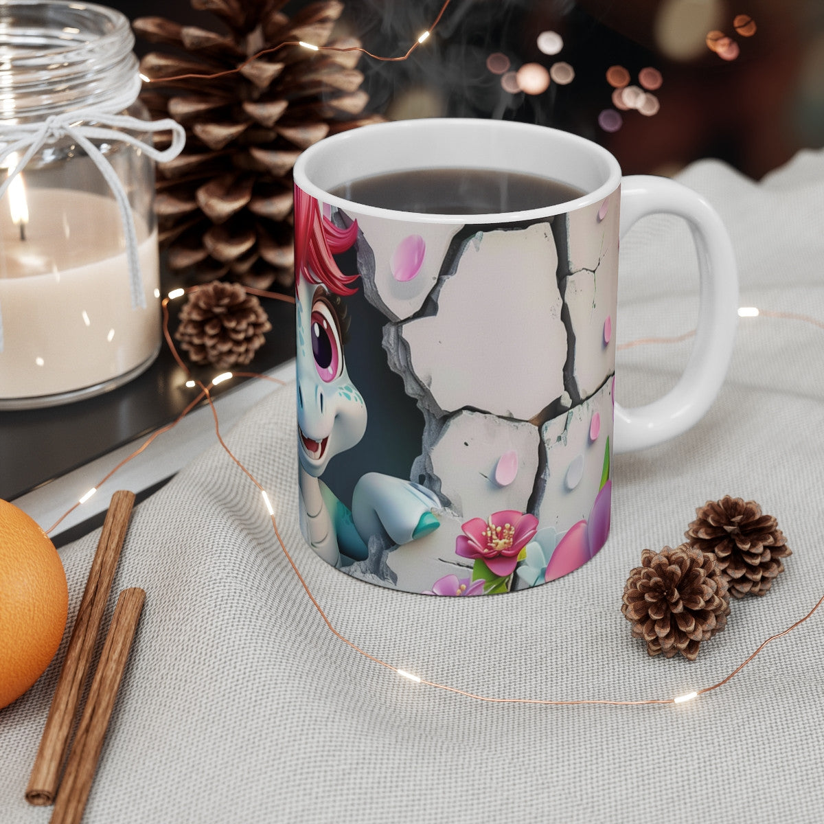 Tasse Licorne Mug Licorne Bleue avec Crinière Rose, Mur Craquelé Blanc et Fleurs Pastel, Cadeau Enfant Féérique