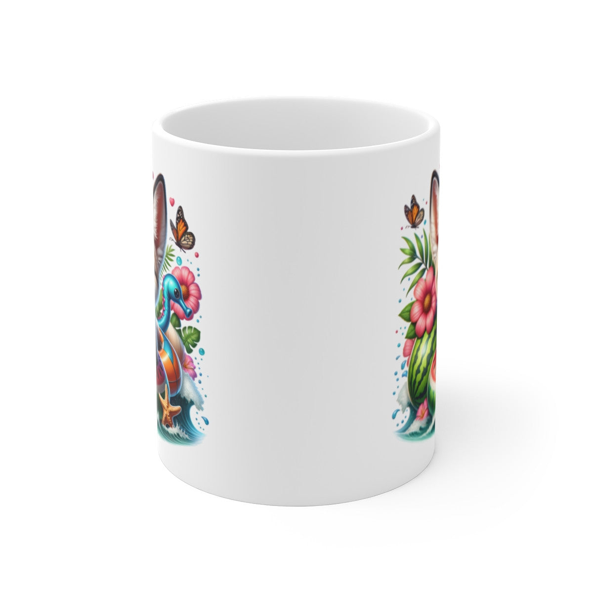 Mug Fennec Été – Tasse Cartoon Renard des Sables avec Bouée Pastèque, Vacances et Plage Tropicale