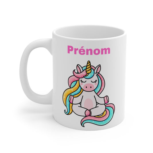 Tasse Licorne Yoga avec Prénom – Mug Licorne Méditation Arc-en-Ciel Personnalisable, Cadeau Zen et Mignon