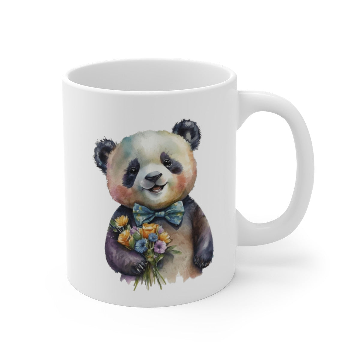 Tasse Panda Élégant – Mug Panda Aquarelle avec Fleurs et Nœud Papillon Bleu, Cadeau Mignon et Original
