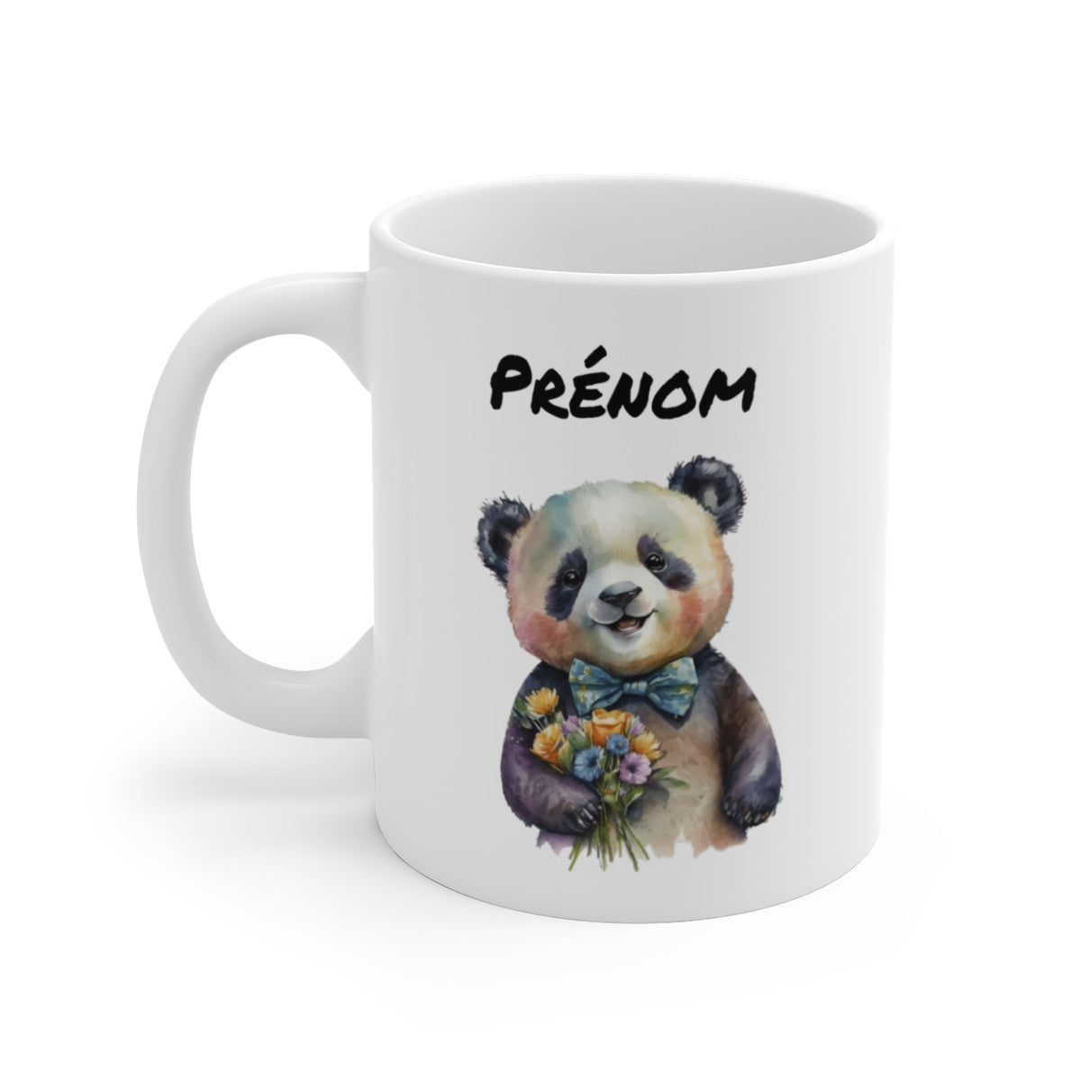 Tasse Panda Personnalisable – Mug Panda Mignon avec Fleurs et Noeud Papillon, Idée Cadeau Originale et Chic