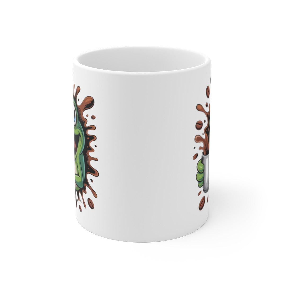 Tasse Grenouille Rigolote – Mug Café Cartoon avec Grenouille Surexcitée et Taches de Café, Cadeau Original Humour Matin