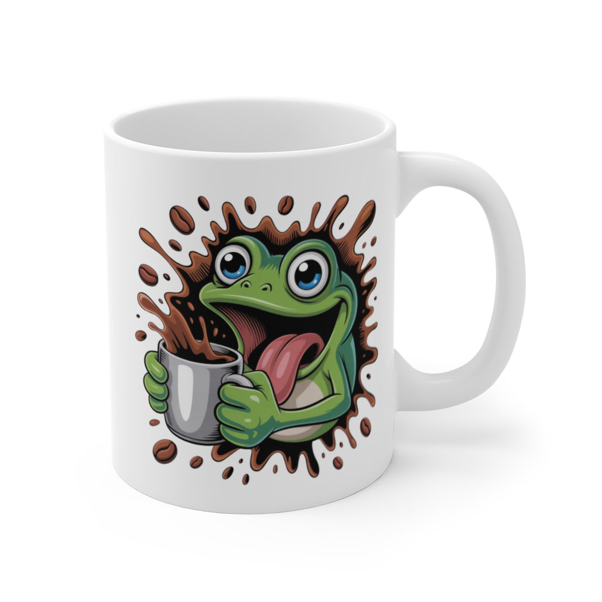 Tasse Grenouille Rigolote – Mug Café Cartoon avec Grenouille Surexcitée et Taches de Café, Cadeau Original Humour Matin