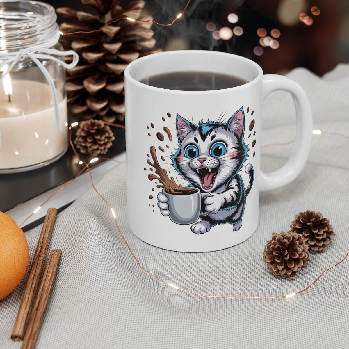 Tasse Chat Énergique – Mug Chaton Rigolo avec Café Splash, Cadeau Original pour Fans de Chats