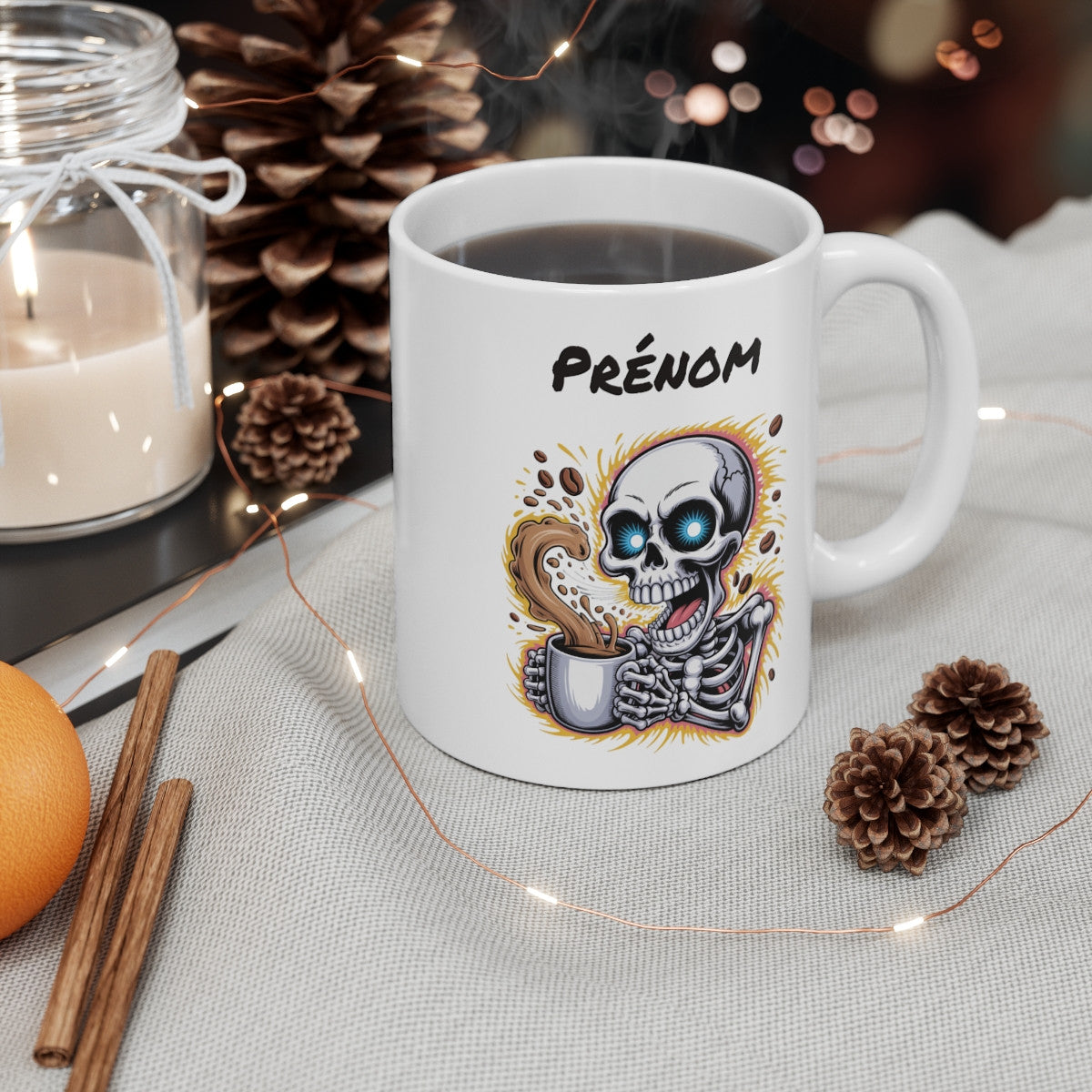 Tasse Squelette Personnalisée avec Prénom – Mug Crâne Café Drôle pour Amateur d’Horreur ou d’Humour Noir