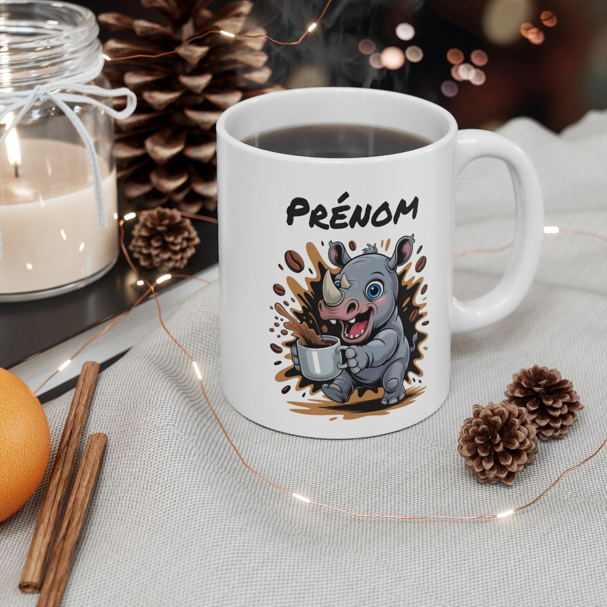 Tasse Rhinocéros Personnalisée avec Prénom – Mug Café Drôle Rhino pour Homme, Femme ou Enfant