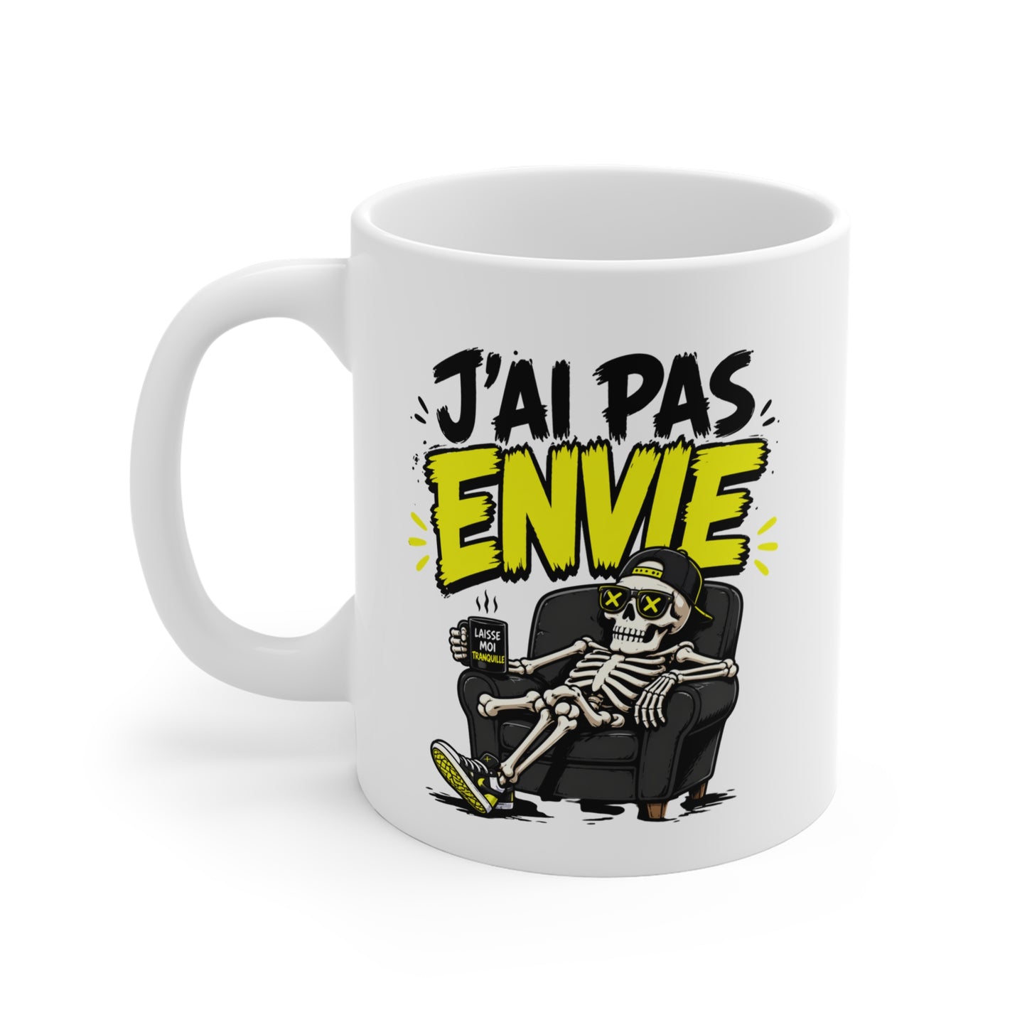 Tasse J’Ai Pas Envie – Mug Humour Squelette Fatigué – Cadeau Drôle Sarcastique Homme Femme 325ml