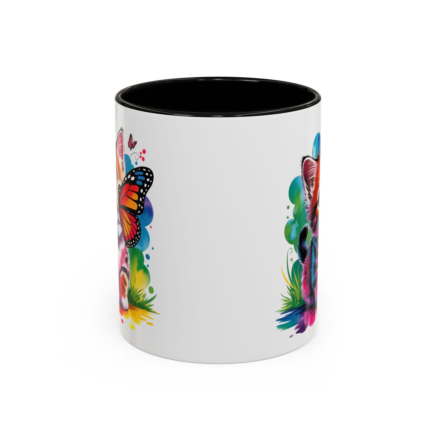 Mug Chaton Kawaii avec Papillon Arc-en-Ciel – Tasse Mignonne et Colorée Cadeau Amoureux des Chats – Céramique 325ml